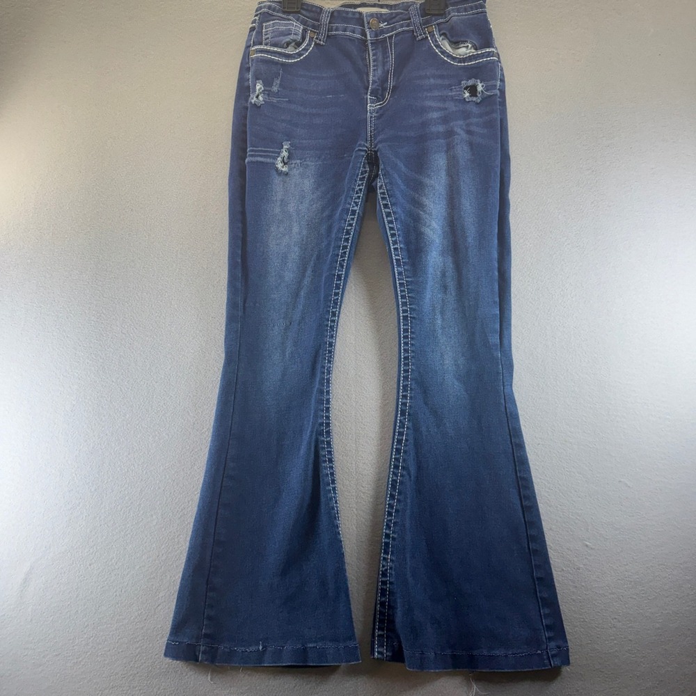 Bamboo Dark Wash Distressed Flare Jeans Bell Bottoms Contrast Stitch Size 11